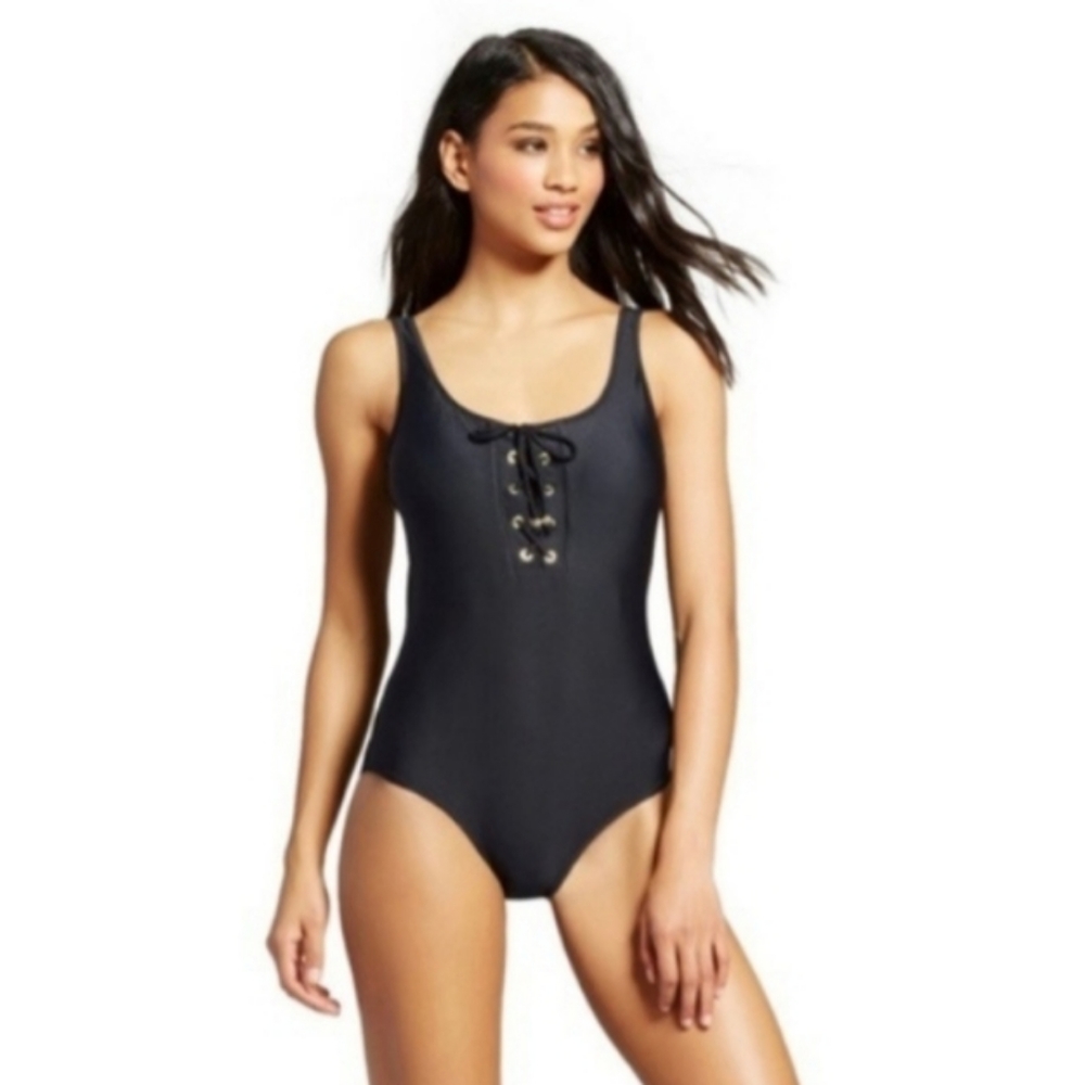 Lace up Front One Piece Swimsuit Medium